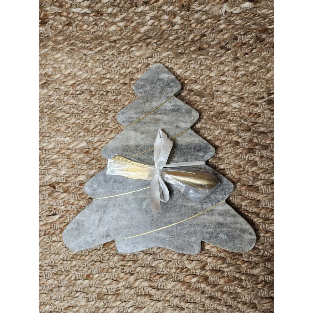 NEW Marble Gray Tree Cheese/Cutting Board & Gold Knife Christmas Holiday 12"x11"